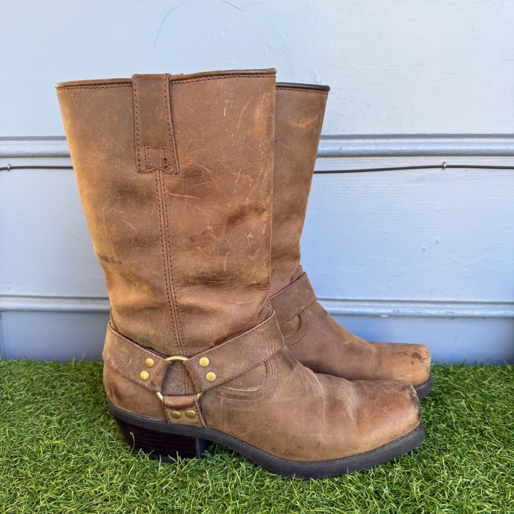 Kaya Brown Leather Harness Moto Boots Square Toe Women 9 M Steampunk Pull On